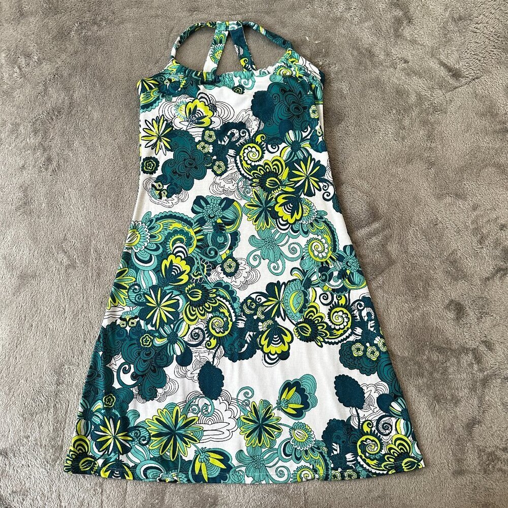 Prana Quinn Dress XS Green Floral Built In Bra Outdoor Athletic Extra Small